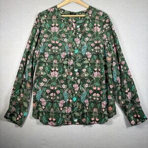 Talbots Womens 20 Washable Silk Blouse Green Peacock Floral Long Sleeve Top